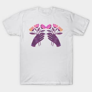 Purple hand with pink and yellow flowers for you T-Shirt